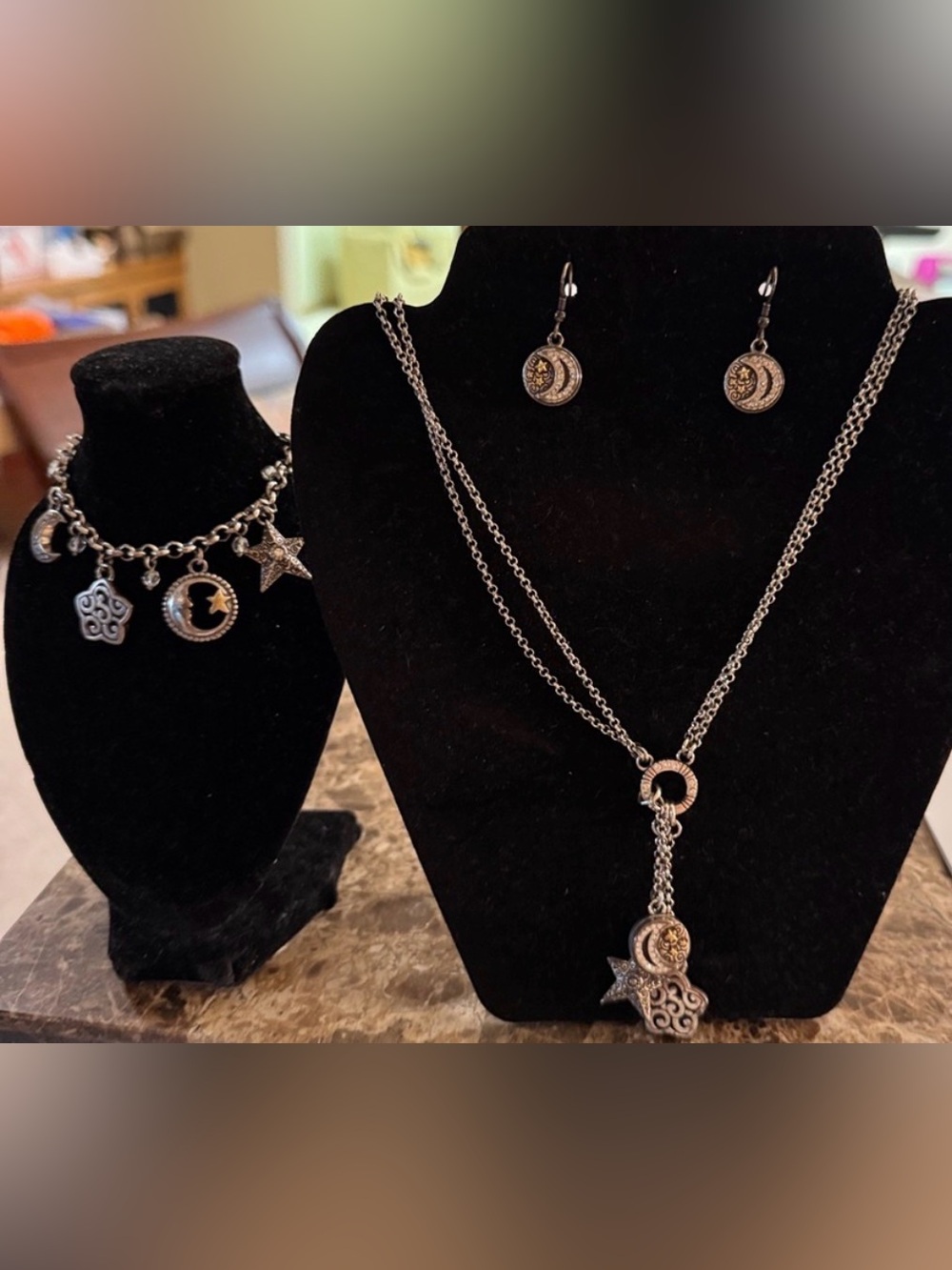 SET! Brighton SLVR VTG+ CELESTIAL Star Moon Charm Bracelet, Necklace, Earrings!